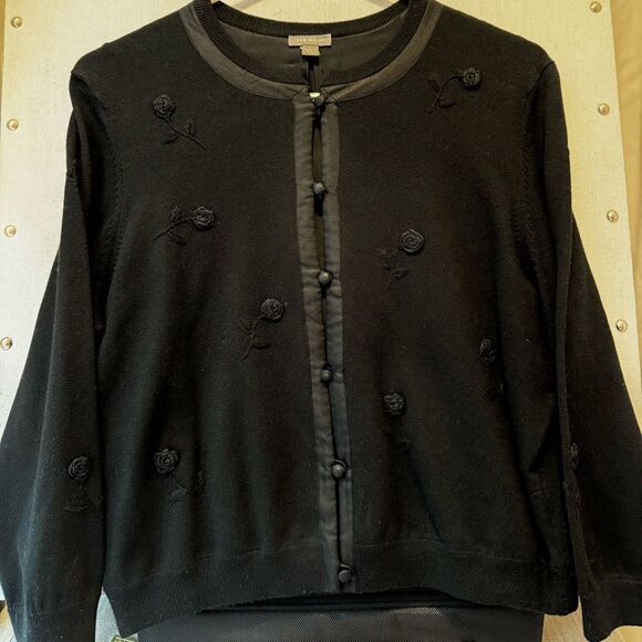 Ann Taylor Black Silk Blend Sweater Women’s L – Floral Embroidery, Retro Style - Picture 1 of 9